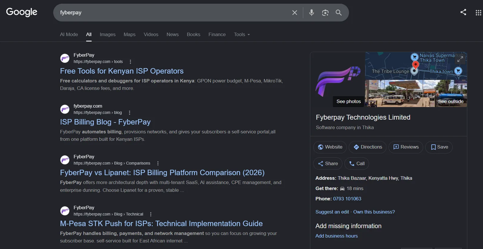 Google results for FyberPay