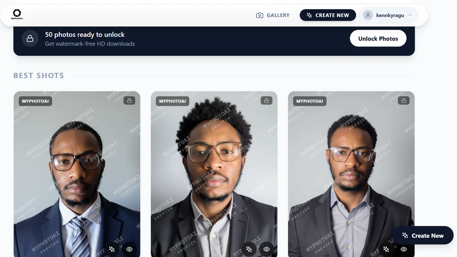 MyPhotoAI gallery with watermarked previews